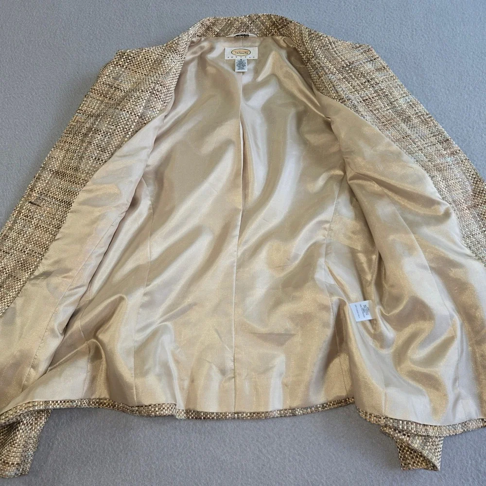 Talbots Blazer Women 4P Tan Multi Tweed Italian Fabric Collarless Button Front